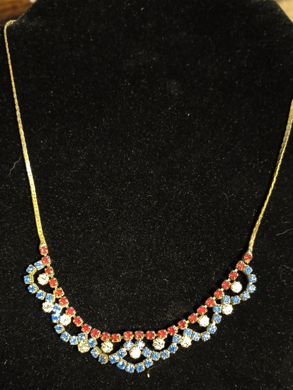 Vintage Gold-Tone Necklace with Red and Blue Rhinestone Accents